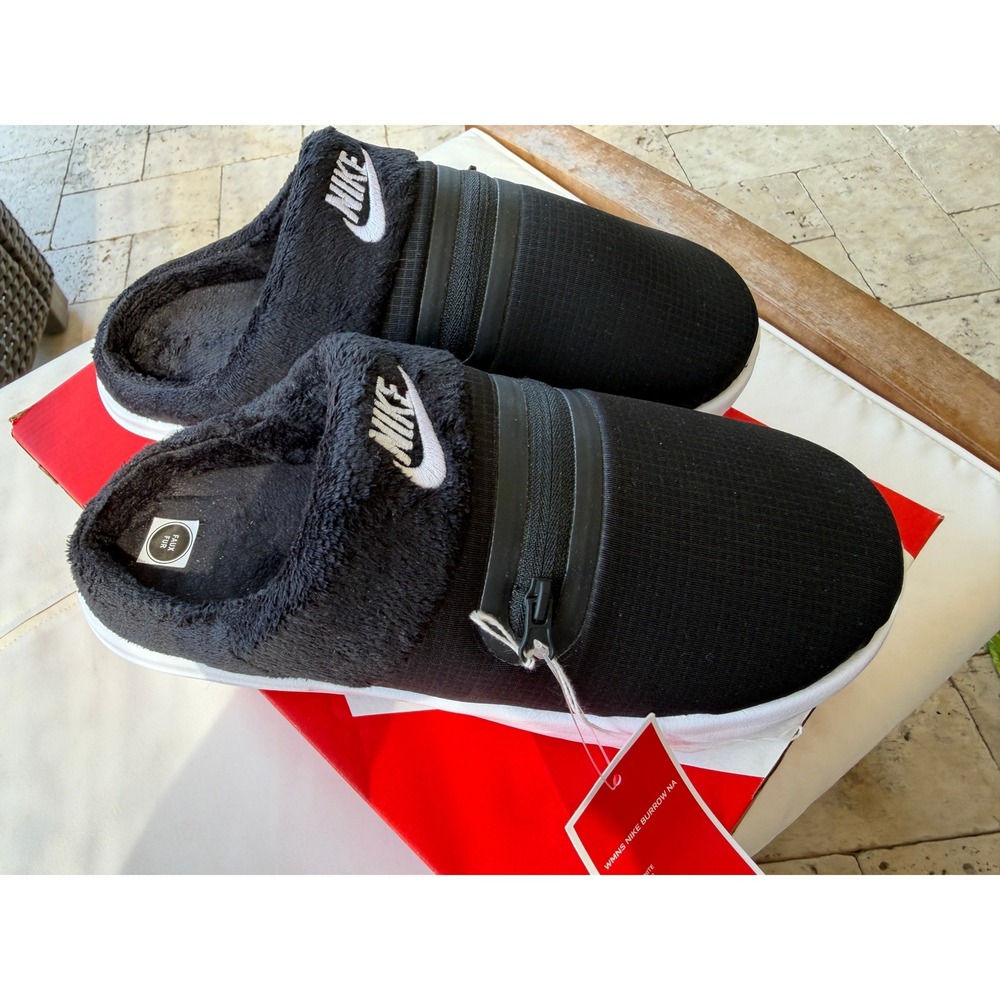 Nike Burrow Womens Slippers Black White Faux Fur Mules DJ3131-001 Size 7 NEW